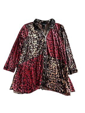 Ali Miles Women's Sz Large Red & Brown Leopard Print Velvet Button-Up Tunic